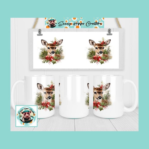 Ceramic Coffee Mug Christmas Deer Holly and Berries Holiday 15oz Hand Sublimated - Picture 1 of 4